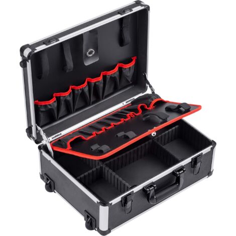 Meister Carrello portautensili vuoto – 460 x 350 x 190 mm – con ruote – suddivisione individuale – 15 tasche degli attrezzi – con elastici – portata 15 kg – robusta valigetta in alluminio/cassetta