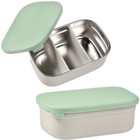 BEABA, Boîte repas enfant en inox, couvercle en silicone et housse de protection, Gris velours et vert sauge (1/5)