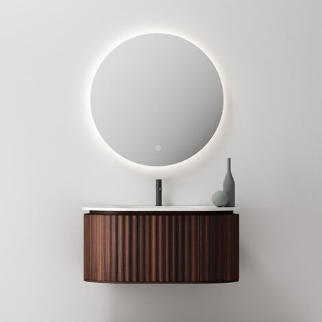Mobile Bagno 100 cm Sospeso Noce Scuro Specchio Tondo Retroilluminato - Reid (1/4)