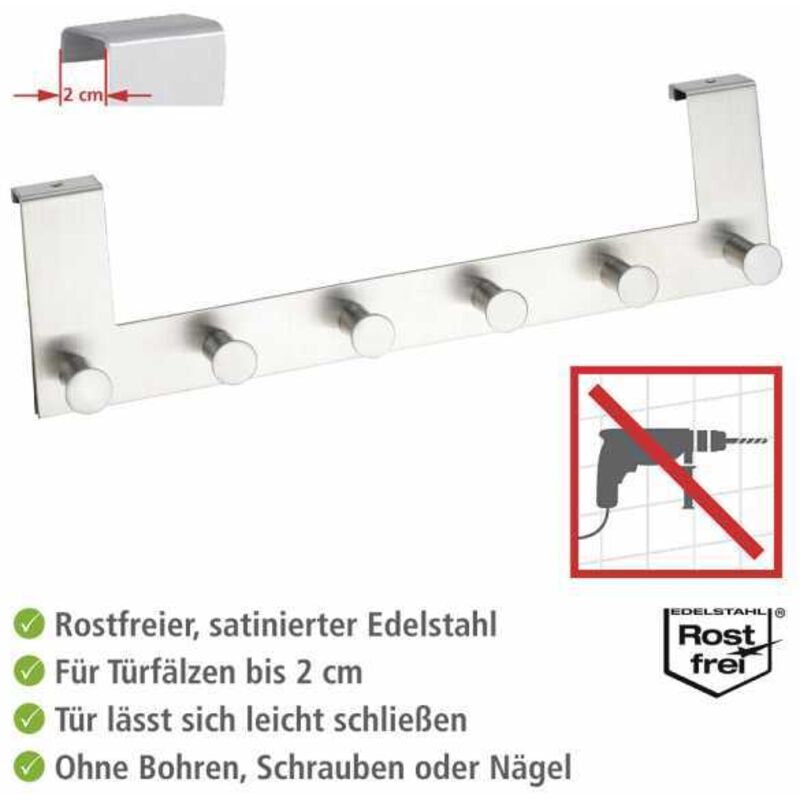 Wenko 4468310500 – Appendiabiti Da Porta MASSIVO A 5 Ganci – Acciaio Inox – Portata 20 Kg – Senza Fori