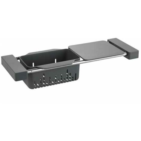 WENKO Organizzatore per lavello 3in1: Cestino portaoggetti, Scolapasta e Tagliere estensibile, Cami, acciaio inox - plastica, 43,5-77,5x8x14 cm, grigio opaco