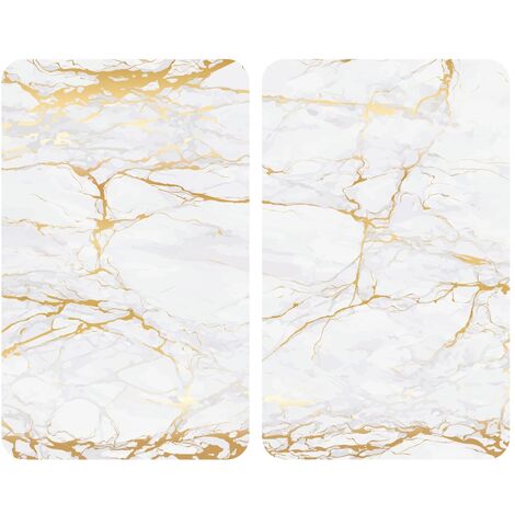 WENKO Coprifornelli universali marmo oro - Set di 2 coprifornelli per tutti i tipi di fornelli, Vetro temperato, 30 x 52 cm, Bianco