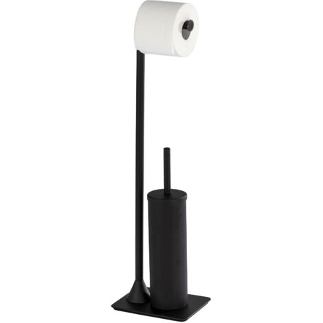 WENKO Set WC a terra 2in1 Hella, spazzolino WC e portarotolo di carta igienica, acciaio, 15x69x20 cm, nero opaco