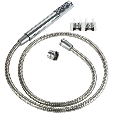 WENKO Kit doccetta per rubinetto con gancio Duo, doccetta per lavabo con soffione e flessibile - 2 ganci da parete per appendere il soffione, Acciaio Inox - Plastica, 170x2,7x2,7 cm, lucido (1/6)