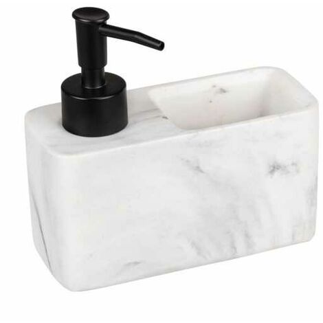 WENKO Dosatore per sapone Resa marmo, dispenser per la cucina effetto marmo con pratico vano porta spugna, spugna inclusa, ricaricabile, capacità ca. 150 ml, 14,5 x 14,3 x 6 cm, bianco/nero (1/5)