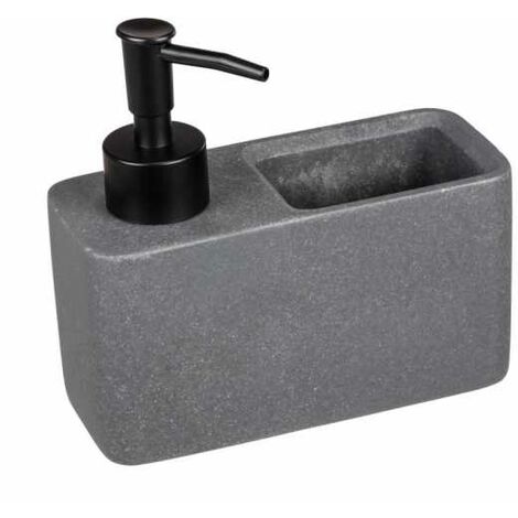 WENKO Dosatore per sapone Resa, dispenser per la cucina effetto pietra con pratico vano porta spugna, spugna inclusa, ricaricabile, capacità ca. 150 ml, 14,5 x 14,3 x 6 cm, grigio scuro