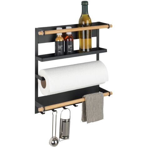 WENKO Mensola magnetica per frigorifero Magna, con porta spezie, portarotolo magnetico e ganci per appendere utensili da cucina, in metallo e bambù, 33x34x8 cm, nero