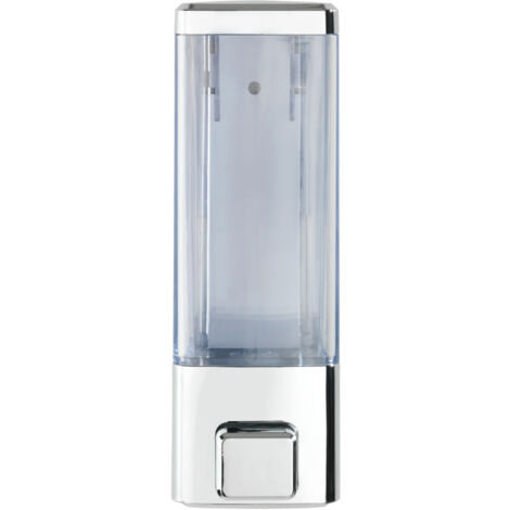 WENKO Distributore di sapone liquido da parete Istres, distributore di gel igienizzante da parete, senza foratura, capacità 320 ml, plastica, 6x18,5x7,5 cm, cromato