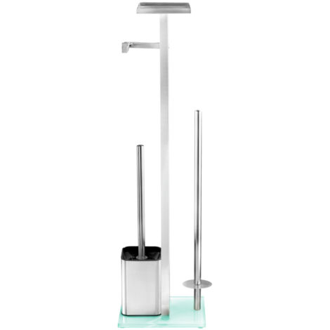 WENKO Servitore WC 4in1 Debar, Spazzola WC e porta rotolo di carta igienica con ripiano portaoggetti, Acciaio inossidabile - vetro temperato, 21x70,5x18 cm, opaco, bianco