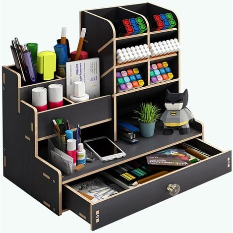 Organisateur de Bureau en bois,Pot a Crayon bureau avec tiroir,Rangement  Bureau Organisateur multifonctionnel,Pour