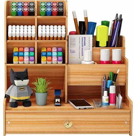 Organisateur de Bureau en bois,Pot a Crayon bureau avec tiroir,Rangement  Bureau Organisateur multifonctionnel,Pour les bureau maison école.  (B17-Marron)