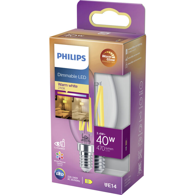 Pack 2 Lampadine LED Filamento E14 4.5W 300 lm B35 Hue White PHILIPS -  Ledkia