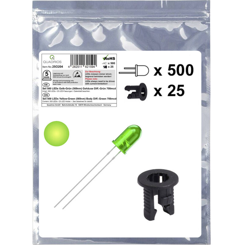 Produktbild von QUADRIOS 23O191 LED-Sortiment – 3 Mm, 20 MA, 2V/3V – 500 Stück (je 100x Rot, Grün, Gelb, Blau, Weiß) – Superhell, Mit Datenblatt – Ideal Für Experimente & DIY