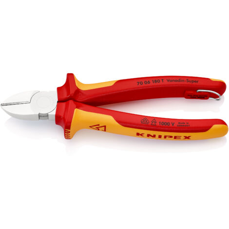 KNIPEX 70 06 180 T Seitenschneider isoliert mit Mehrkomponenten-Hüllen, VDE-geprüft mit integrierter isolierter Befestigungsöse zum Anbringen einer Absturzsicherung verchromt 180 mm
