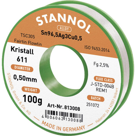 STANNOL Lötzinn Kristall 611, TSC305, Sn96,5Ag3,0Cu0,5, Fairtin Flowtin, 0,5 mm, 100 g
