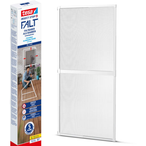 tesa Insect Stop FALT Tür - Faltbarer Alu-Rahmen mit Fliegengitter für Türen - mit verstellbarem Teleskoprahmen - Weiß - 80 cm x 170 cm bis 100x cm x 220 cm