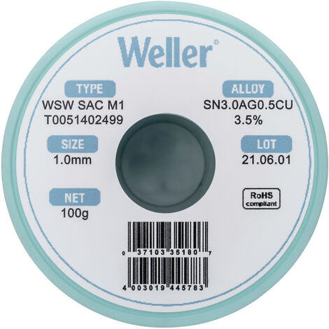 Weller T0051402499 Lötzinn, bleifrei Spule, bleifrei Sn3,0Ag0,5Cu  100 g 1 mm