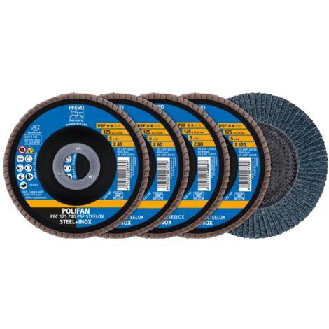 PFERD TOOLS POLIFAN Fächerscheiben Set PFC 125 konisch Z40/60/80/120 PSF STEELOX für Stahl/Edelstahl