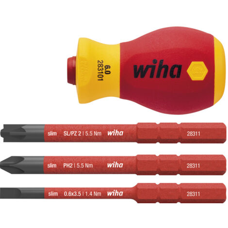Wiha Schraubendreher mit Bithalter Set electric slimVario® (41230), 4 tlg., Griff mit Bits VDE, Schraubendreher kurz für Elektriker, Schlitz/ Phillips/ Pozidriv/ PlusMinus (SL/PZ)