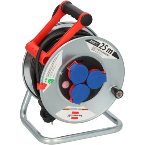 Kabeltrommel, 25m, H05RR-F, 3x1,5mm, IP44, 3xSteckdosen, Mit thermischem Überlastschutz, Mit Tragerahmen, 1198520
