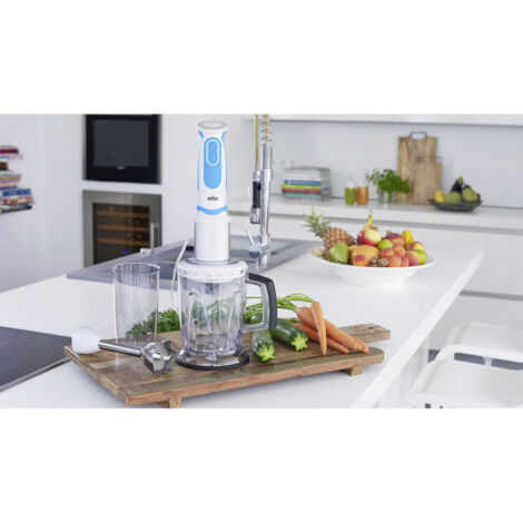Braun Minipimer 5 Stabmixer MQ5060 – 750 Watt, Mit Spiralizer – Weiß/blau – Inkl. Messbecher