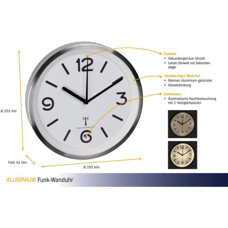 TFA Dostmann Analoge zendergestuurde wandklok, 60.3535.02, met achtergrondverlichting met 2 lichtsterktes, stil uurwerk, grote wijzerplaat, frame geborsteld aluminium, zilver, (L)253x(B)42x(H)253 mm TFA Dostmann Analoge zendergestuurde wandklok, 60.3535.02, met achtergrondverlichting met 2 lichtsterktes, stil uurwerk, grote wijzerplaat, frame geborsteld aluminium, zilver, (L)253x(B)42x(H)253 mm