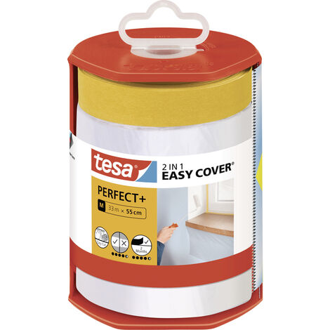tesa Easy Cover Perfect+ Dispenser XL - 2in1 Malerfolie mit Washi-Kreppband und Abroller - für saubere, präzise Schnitte - mit Klingenabdeckung - 33m x 0,55 m