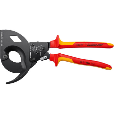 KNIPEX 95 36 320 Kabelschneider (Ratschenprinzip, Dreigang) isoliert mit Mehrkomponenten-Hüllen, VDE-geprüft schwarz atramentiert 320 mm
