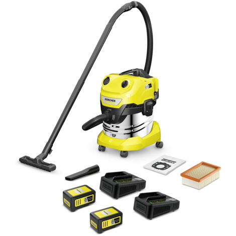 Nass-/Trockensauger KÄRCHER WD 4-18 S Dual Battery Set: Kabelloser Sauger mit 2x 18V Akkus für 36V Motor, 20L Edelstahlbehälter, 2,2m Saugschlauch, Blasfunktion & Flachfaltenfilter