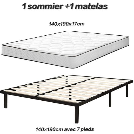 Lit 140x190 - Ensemble sommier et matelas - Matelas 140x190x17 Mémoire de Forme - Sommier 140x190 avec Pieds (Deux colis)