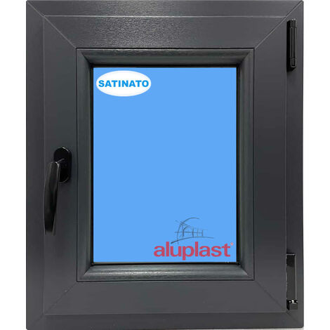 Finestra in PVC L500 mm x H600 mm Antracite, Oscillo-battente Apertura Destra Vetro Satinato