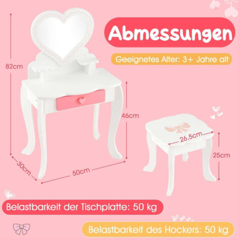 Relaxdays Kinder Schminktisch Mit Spiegel & Hocker – Weiß, 110x50x30 Cm, Ab 3 Jahren, Mit 3 Schubladen & Herzen-Design