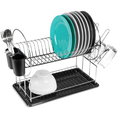 Two level dish rack for plates mugs and cutlery