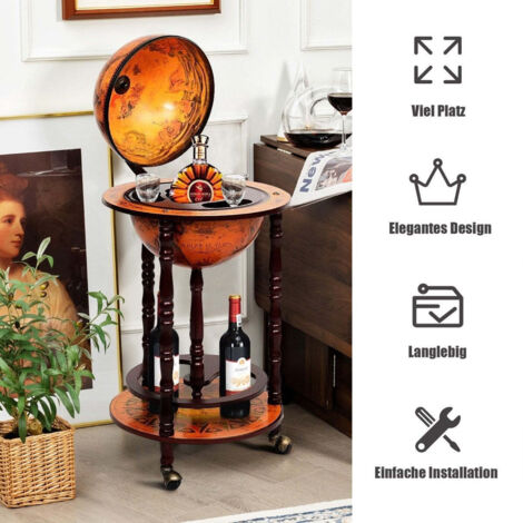 GIANTEX Globus Bar with 3 Rolls, Globe Bar Cart, Cocktail Bar with Base Plate, Home Bar, Mini Bar, Table Bar, Decorative Bar, Eucalyptus Wood (Beige