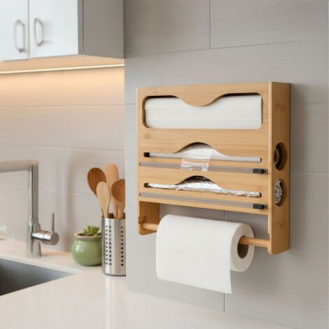 Bambus-Folienspender Mit Cutter – 3-in-1 Für Frischhaltefolie, Alufolie & Backpapier – Wandmontage Oder Schublade