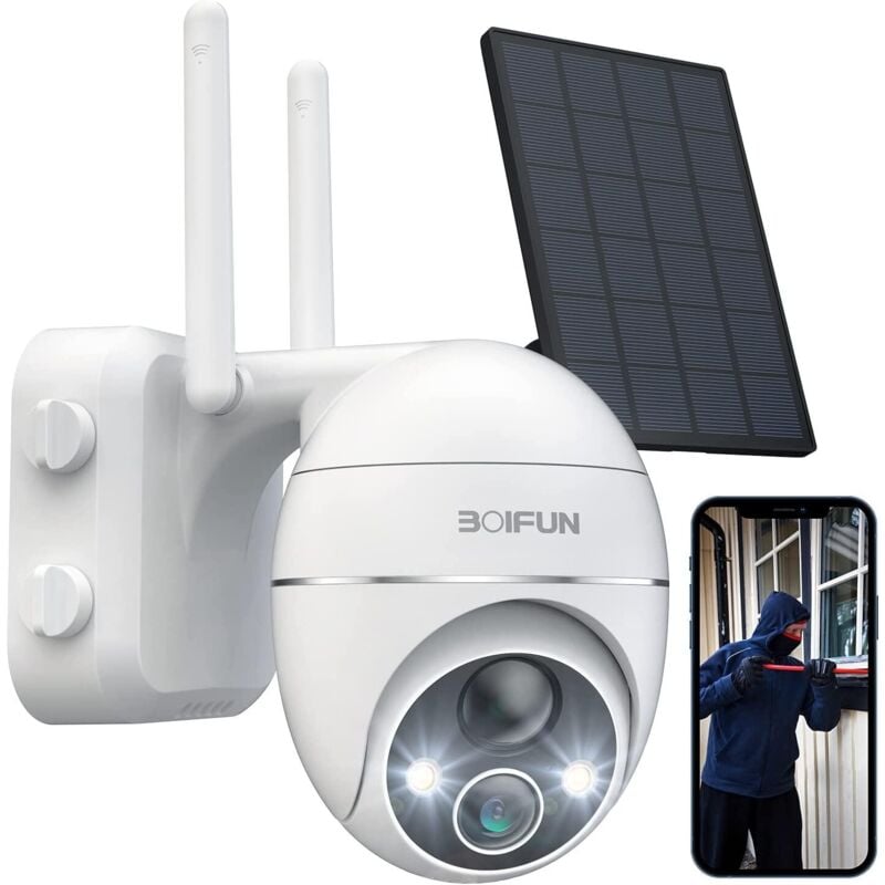 BOIFUN 2K Camera Surveillance WiFi Exterieure sans Fil Solaire 360°  Rotation Vision Nocturne Couleur Détection Humaine PIR Audio