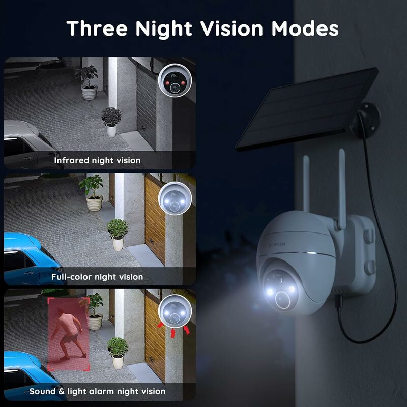 BOIFUN Caméra De Surveillance Solaire Extérieure 2K/3MP - Vision Nocturne Intelligente HDR - 100 % Sans Fil - Rotation à 360 ° - Corps Argenté - Détection De Mouvement PIR - Système D'alarme (WiFi