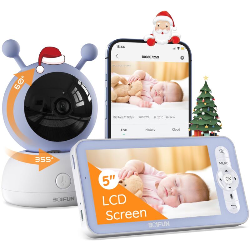 BOIFUN 5Zoll 1080P Babyphone Mit Kamera Humanoide Erkennung 3000mAh Batterie PTZ