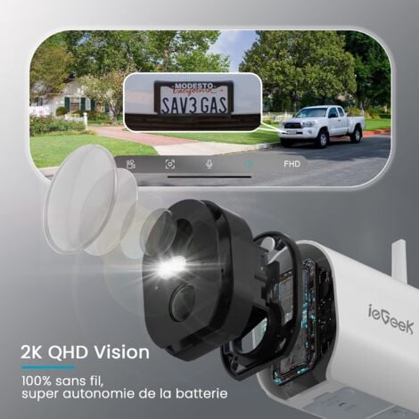 ieGeek 2K 3MP Camera Surveillance WiFi Exterieure sans Fil, 15m Vision Nocturne en Couleur Batterie avec Panneau Solaire, Détection Humaine PIR, Audio Bidirectionnel, Alarme Sonore et Lumineuse