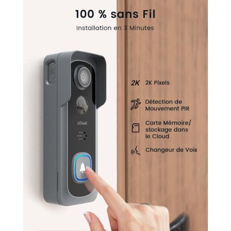 iegeek 2K sonnette sans fil avec caméra, extérieur IP66 étanche, sonnette vidéo grise sans frais mensuels, WiFi 2.4G, convertisseur vocal, audio bidirectionnel, détection PIR du corps humain