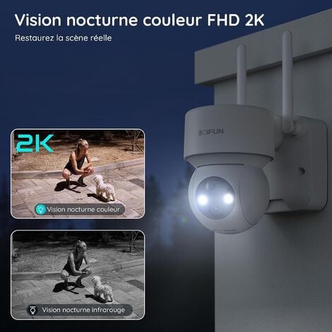 BOIFUN Camera Surveillance WiFi Exterieure sans Fil Batterie 2K Camera Solaire avec 360° Rotation Vision Nocturne Couleur Détection Humaine PIR Audio Bidirectionnel Sirène d'Alarme Alexa