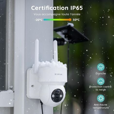 BOIFUN Camera Surveillance WiFi Exterieure sans Fil Batterie 2K Camera Solaire avec 360° Rotation Vision Nocturne Couleur Détection Humaine PIR Audio Bidirectionnel Sirène d'Alarme Alexa