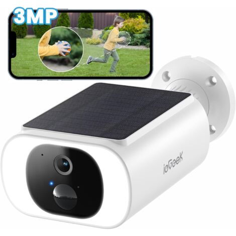 ieGeek Caméra de surveillance WiFi sans fil 2K - IP66 Caméra extérieure sans fil, batterie, panneau solaire intégré, vision nocturne couleur, détection PIR S1 (blanc)