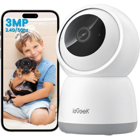 Caméra de surveillance WiFi intérieure ieGeek 2K 3MP (5Ghz/2.4G compatible), enregistrement 24h/24 360°, vision nocturne à 15m, détection humaine par IA, suivi automatique, compatible avec Alexa