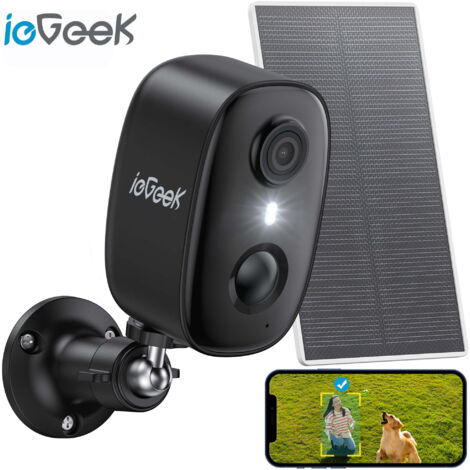 Caméra de sécurité solaire extérieure ieGeek avec projecteur et sirène, sans fil, WiFi, vision nocturne en couleur 2k/3mp, détection de mouvements par IA, compatible avec Alexa (uniquement compatible