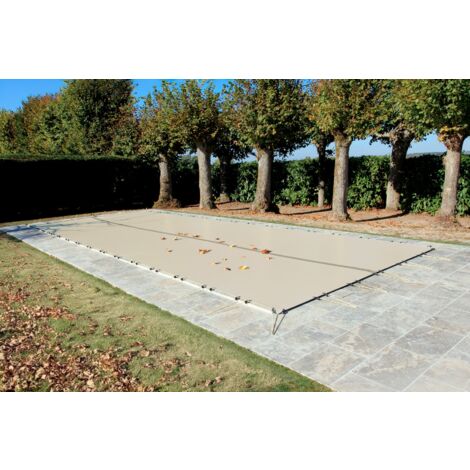 Bâche d'Hivernage Beige 9,60 x 4,60 m pour Piscine Maximum 9 x 4 m avec Grille Centrale d'Evacuation - Fabrication Française - Direct Usine - 550 g/m² - Livrée avec Sandows Cabiclic + Pitons Crosse