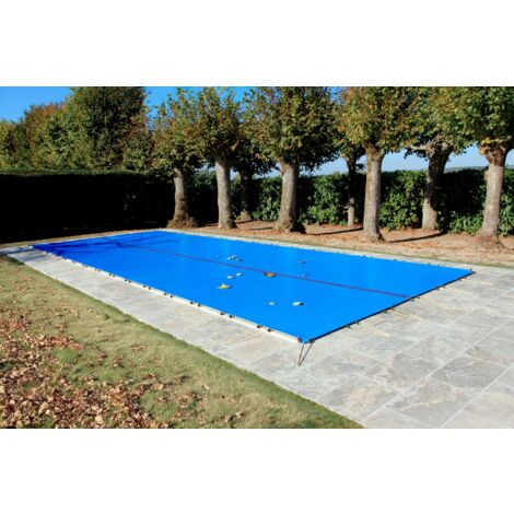 Bâche d'Hivernage Bleue 10,60 x 5,60 m Pour Piscine Maximum 10 x 5 m avec Grille Centrale d'Evacuation - Fabrication Française - Direct Usine - 550 g/m² - Livrée avec Sandows Cabiclic + Pitons Crosse