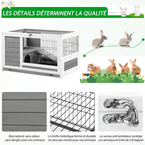 YODOLLA Cage à Lapin 2 étages Clapier Bois Intérieur Avec Porte Verrouillable Et Plateau Amovible 90x50x55cm Gris