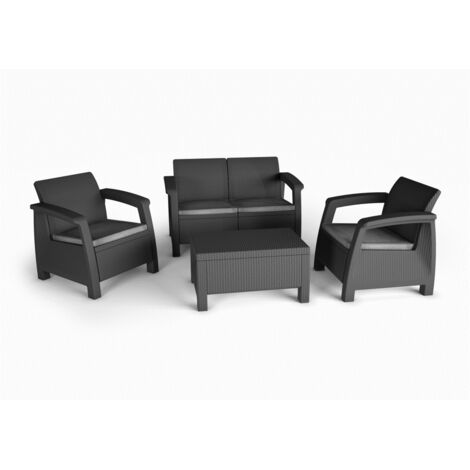 KETER Bahamas: Conjunto exterior de resina efecto ratán con cojines, sofá doble 127x70x79, 2 sillones 74x70x79, mesa 77x57x42.