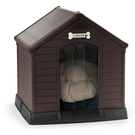 KETER Caseta de Perro marrón Grande, Incluye cojín, Cortina y Etiqueta con Nombre - Fabricada en Resina 99Wx99LxH95 cm